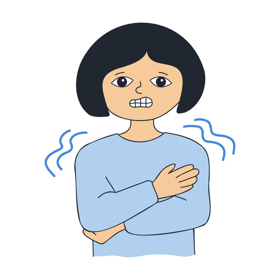 Chill symptom or shaking with cold concept. Sick girl. Chills due to colds, viral diseases. Unhappy woman doodle vector illustration.