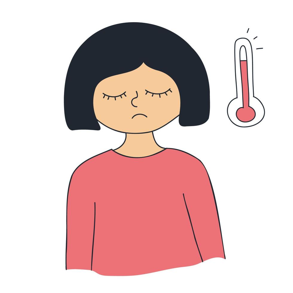 Girl suffers from high fever. Symptom of a viral or bacterial infection. Sick sad tired exhausted woman with closed eyes. Thermometer icon. Colds, viral diseases, flu doodle vector illustration.