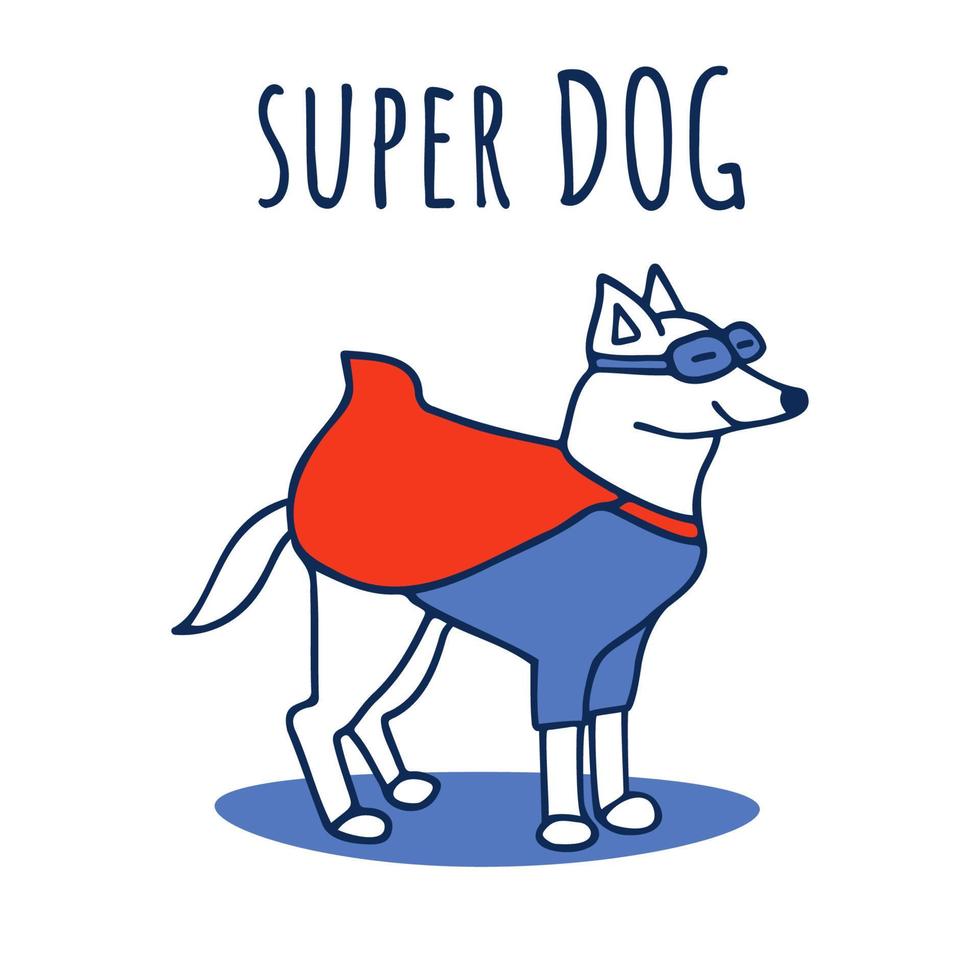 Cute strong dog in superhero clothes blue mask red cape. Super pet funny card. Super dog script. Comic drawing of quadruped friend of great power. Motivational and inspirational vector illustration.