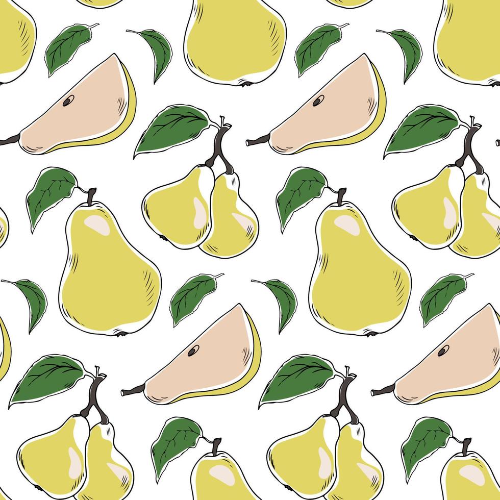 Vector seamless pattern with doodle style yellow pears and leaves