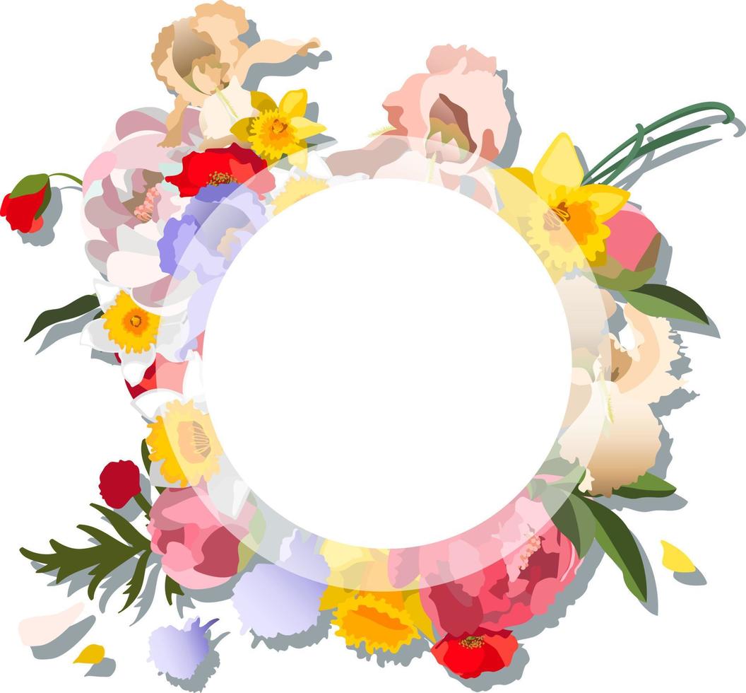 Round vector floral background template with various flowers, peonies, daffodil, iris, poppies