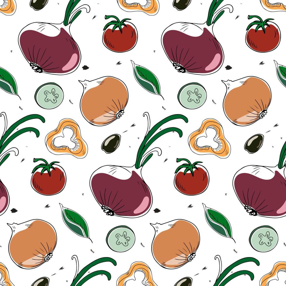 patrón vectorial sin fisuras con verduras, cebollas, tomates, aceitunas y pepinos estilo garabato vector