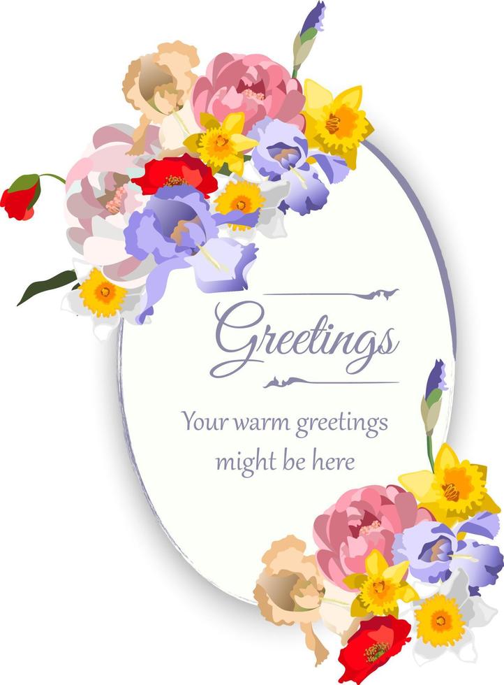 Oval vector floral background template with various flowers, peonies, daffodil, iris, poppies