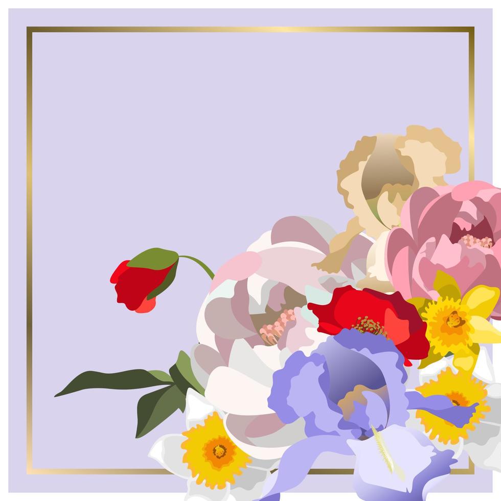 plantilla de fondo floral vectorial cuadrado con varias flores, peonías, narcisos, iris, amapolas vector