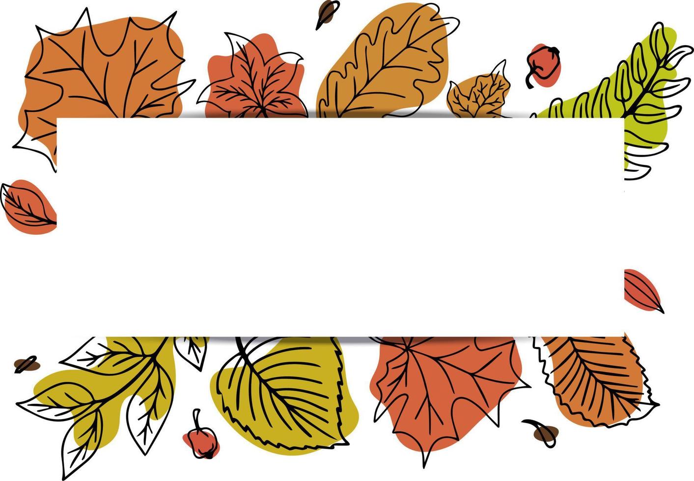Vector horizontal banner with colorful autumn leaves in hand drawn doodle style.