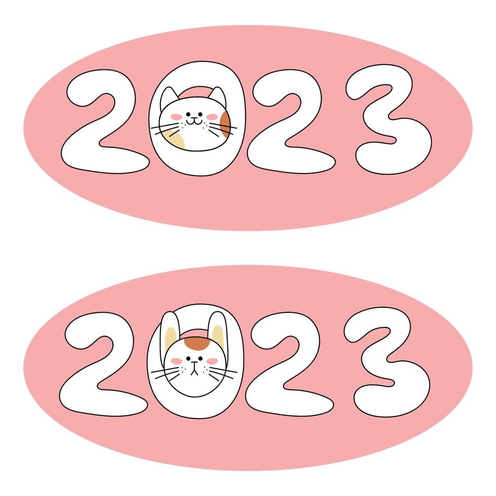 Numbers 2023. Numbers of the new year with the symbols of the year a cat and a hare peeking out from the number 0 with abstract ovals. Cartoon vector illustration.