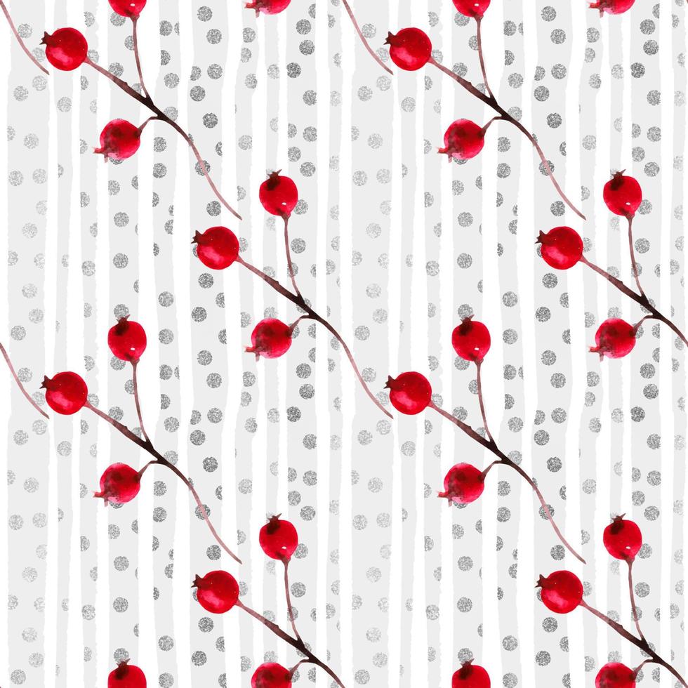 Pattern with berries on a background of gray stripes with silver texture vector