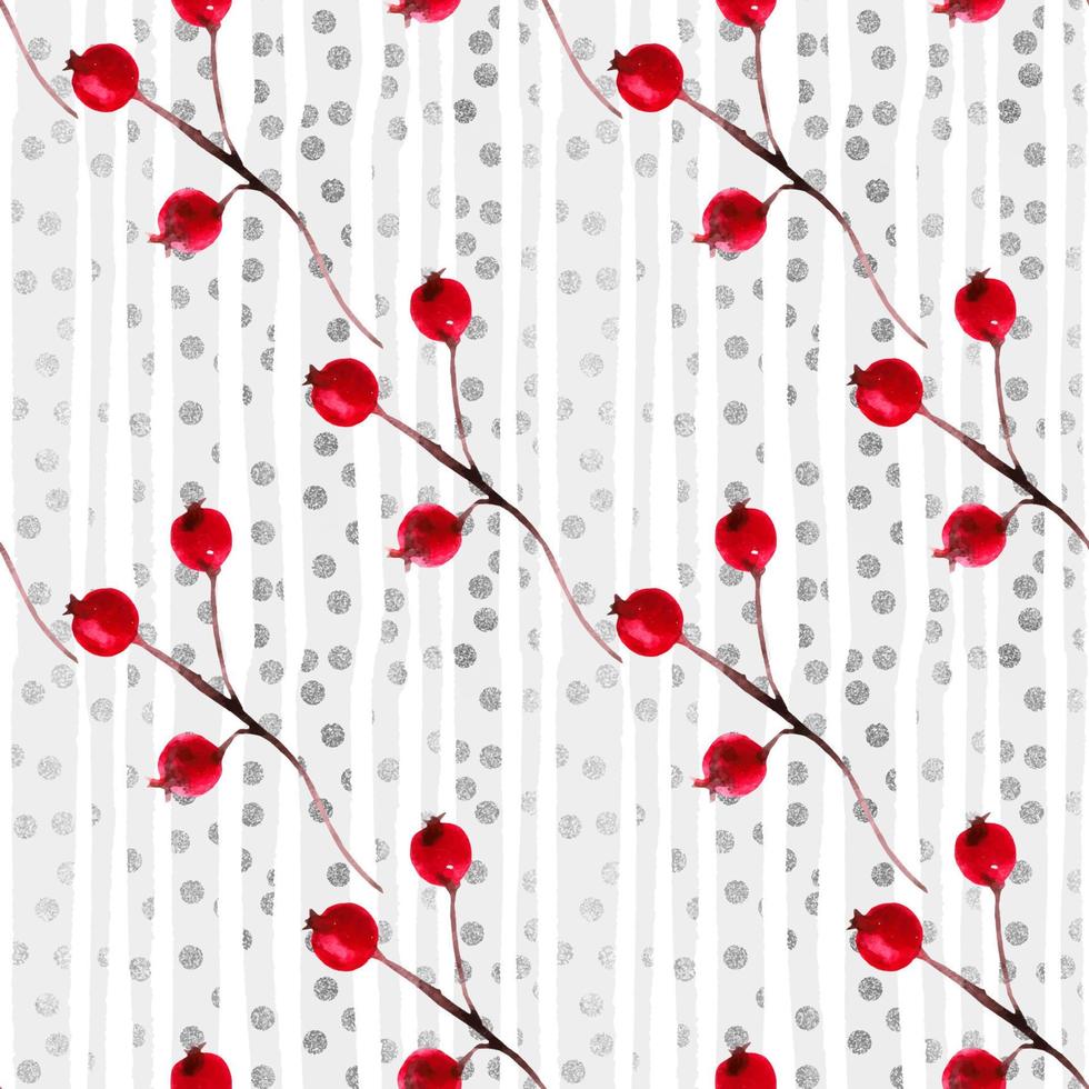 Pattern with berries on a background of gray stripes with silver texture vector