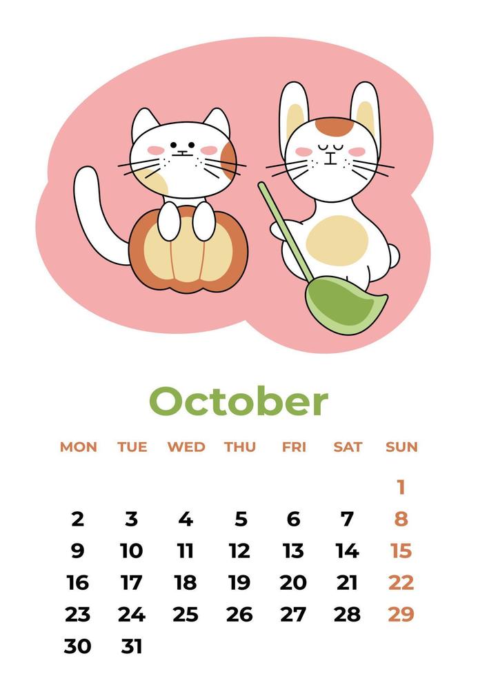 October 2023. Calendar sheet with symbols of the year with pumpkin and broom. Cartoon vector illustration.
