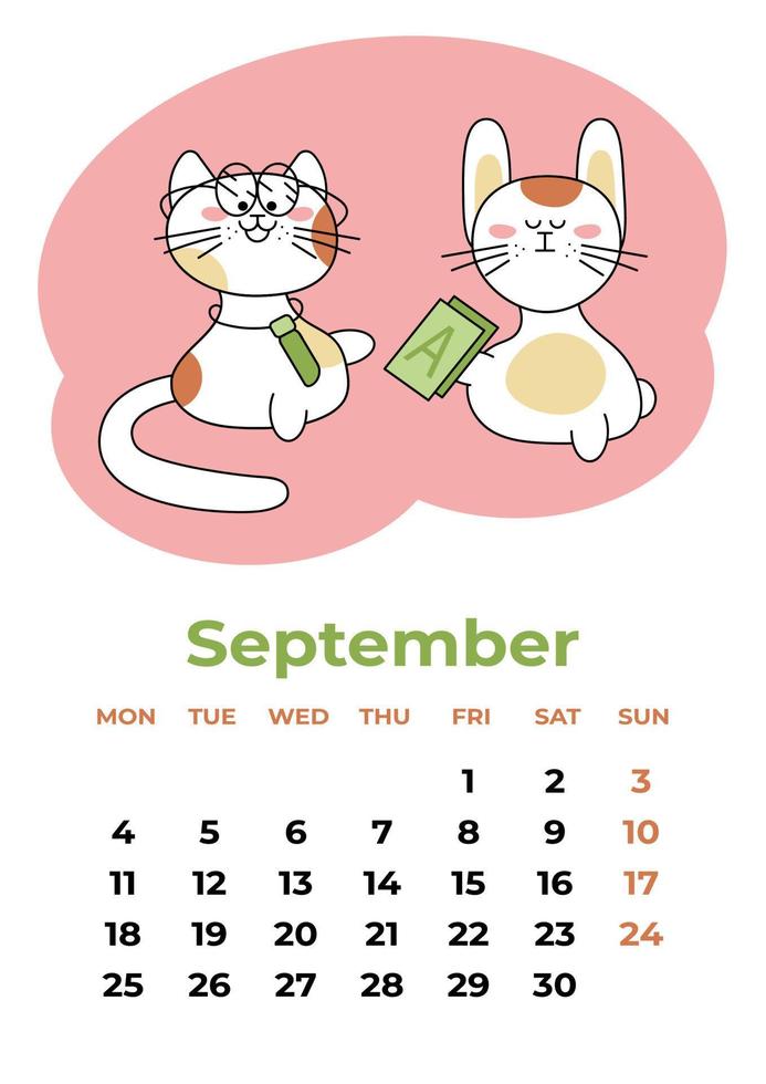 September 2023. Calendar sheet with year symbols learning letters. Cartoon vector illustration.