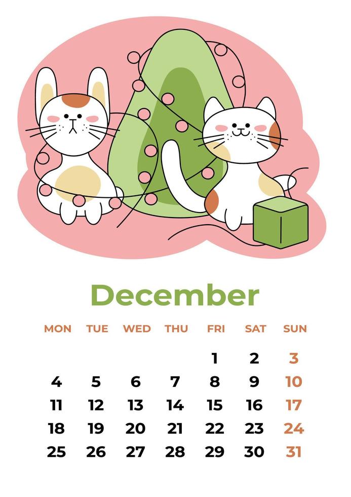 December 2023. Calendar sheet with symbols of the year that will decorate the Christmas tree and wrap gifts. Cartoon vector illustration.