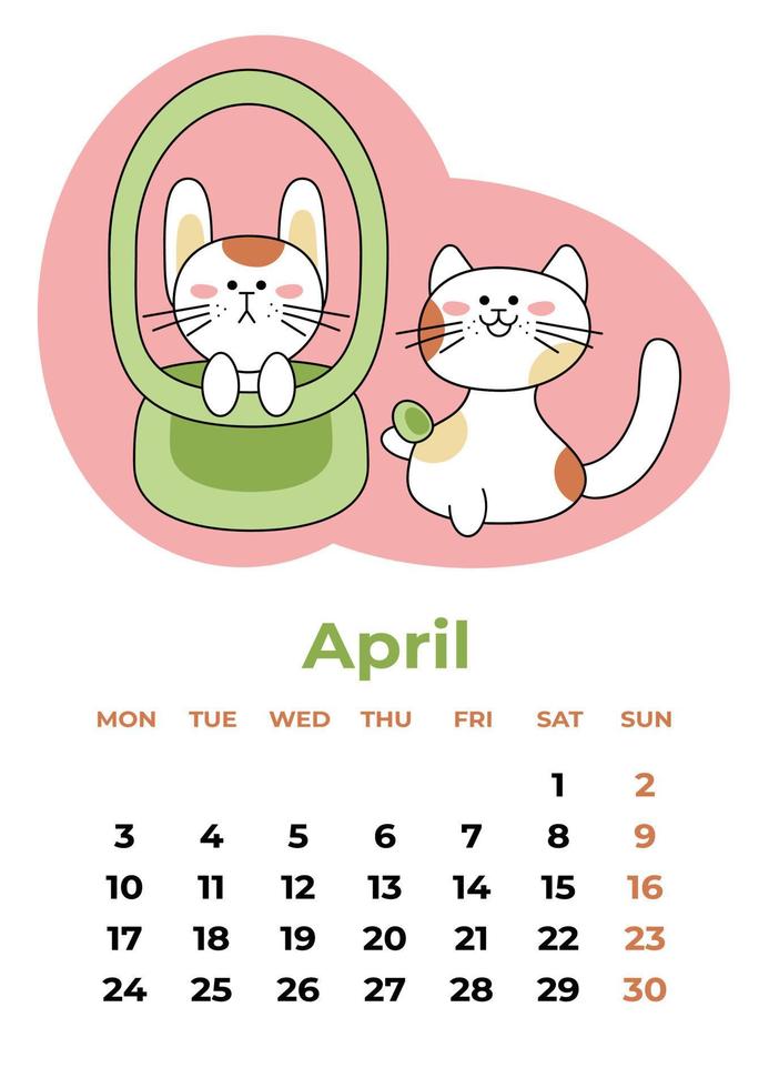 April 2023. Calendar sheet with a rabbit in a basket and a cat with an egg. Cartoon vector illustration.