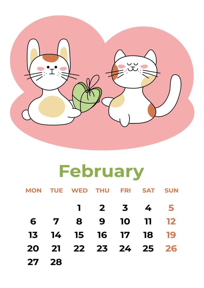 febrero de 2023. hoja de calendario con un conejo dando un regalo a un gato  para el 14 de febrero. ilustración vectorial de dibujos animados. 14460793  Vector en Vecteezy