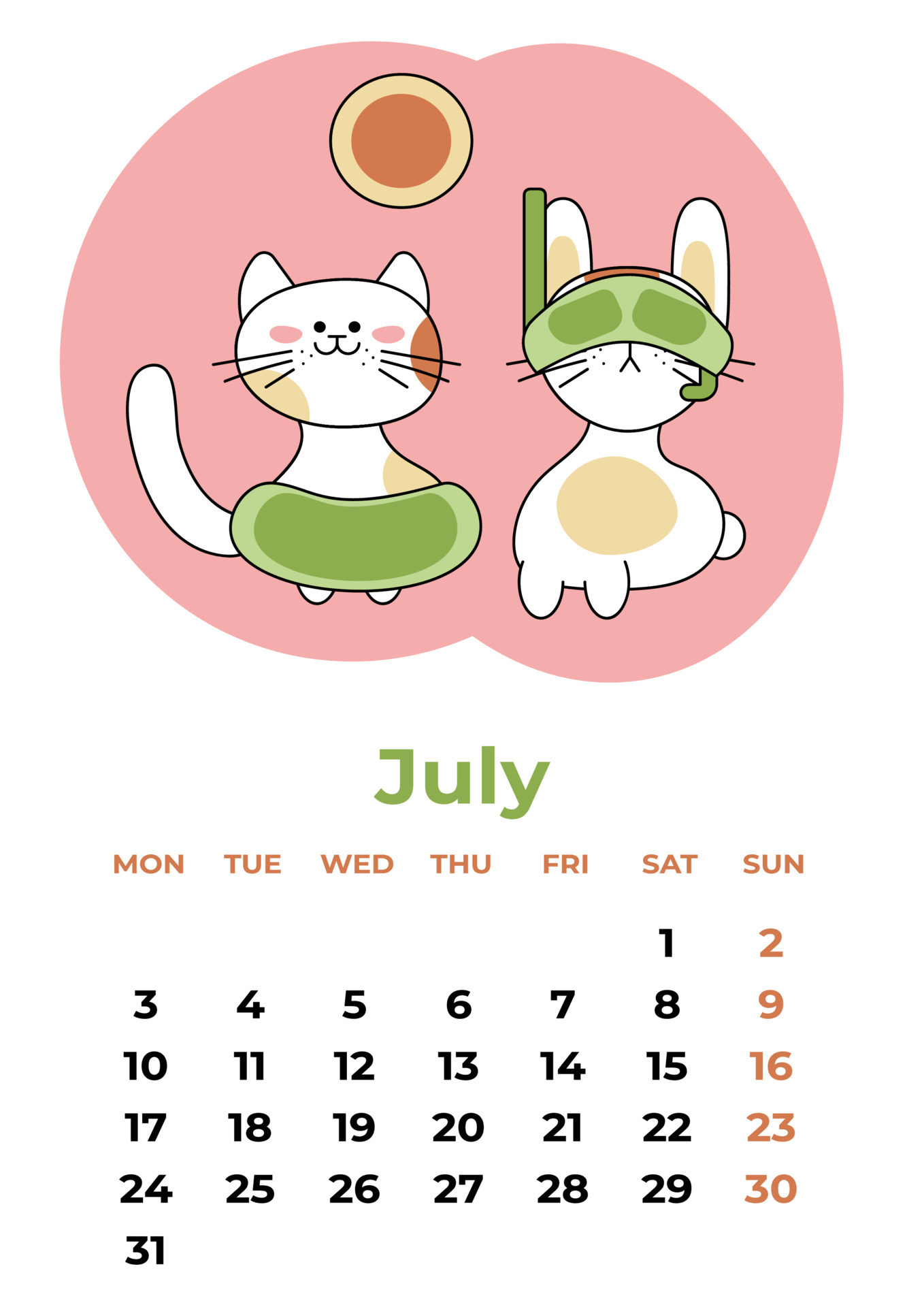 July 2023. Calendar sheet with a rabbit in a water mask and a cat in a