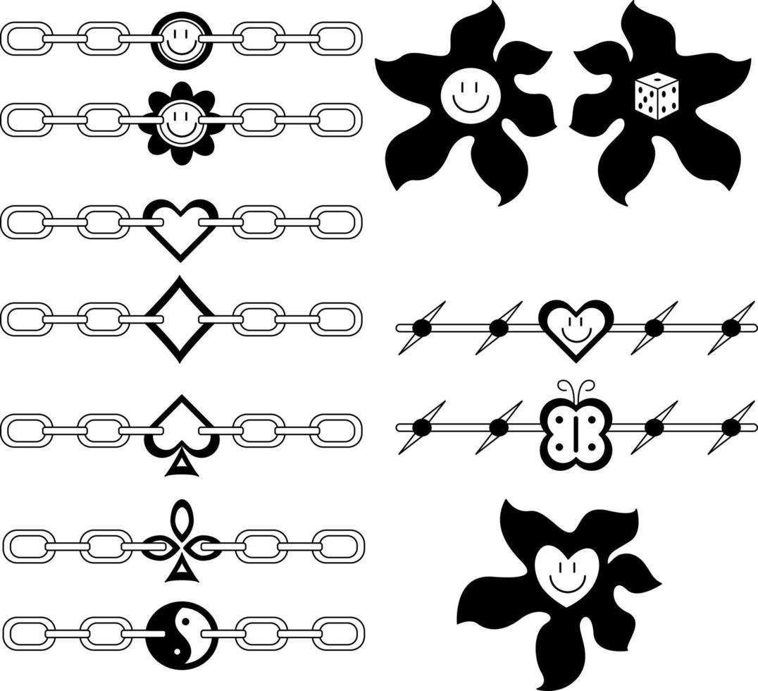 tatuaje ambientado al estilo de los años 90, 2000. conjunto en blanco y negro de 12 tatuajes. incluye 7 cadenas, 2 alambres de púas y 3 lacras. vector