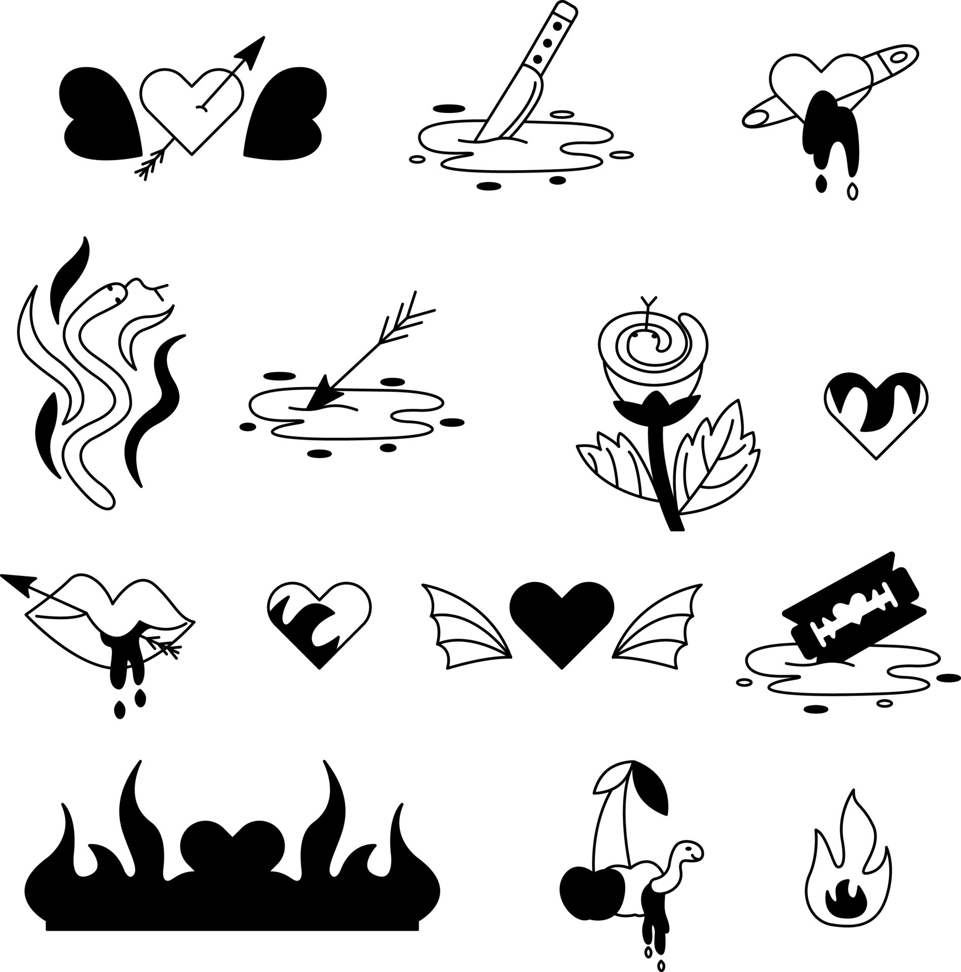 Tattoo set in the style of the 90s, 2000s. Black and white set of 14 tattoos. Includes hearts, snakes, cherries, fire, razor, knife, blood, flower. 14460800 Vector Art at Vecteezy