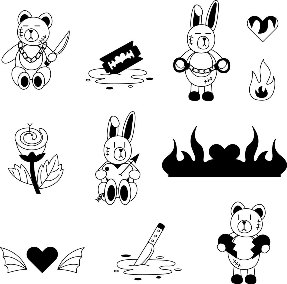 Tattoo set in the style of the 90s, 2000s. Black and white set of 11 tattoos. Includes bears and hares, hearts, fire, knives, chains, razor, blood, handcuffs, snake, flower. vector