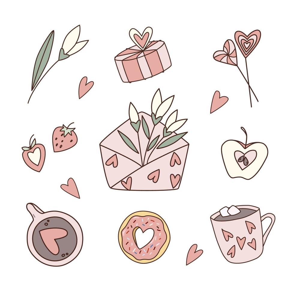Valentines day doodle vector set of hand drawn design elements for creating valentines, gift tags, greeting cards. Cappuccino, donut with heart, flowers, envelope, strawberry.