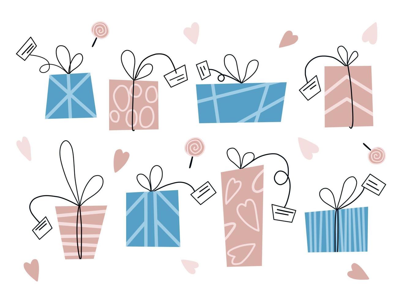 Valintine's day gift boxes with hearts and lollipops.  Flat vector illustration. Simple set of pink and blue elements for Febrary 14 card design.