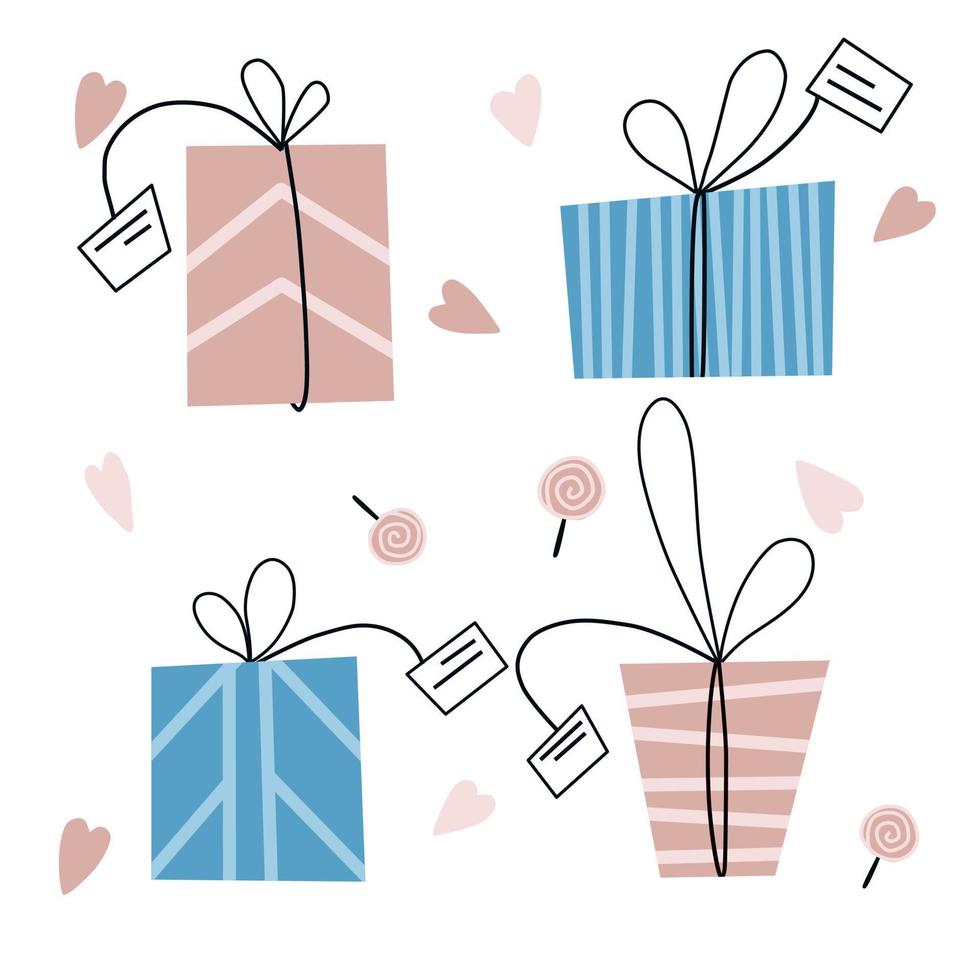 cajas de regalo ilustración vectorial plana. cajas de regalo rosa y azul del día de san valentín con cintas, corazones y piruletas. vector