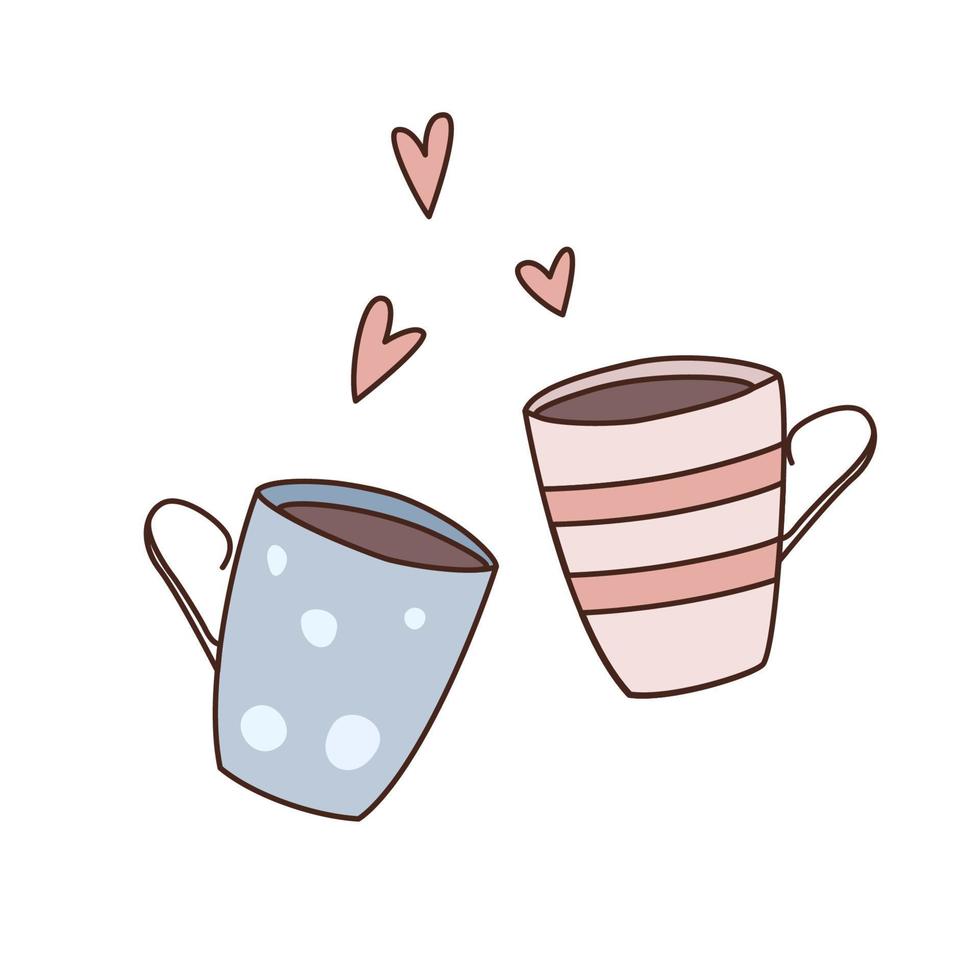 Valentine's day doodle vector illustration of cups couple and hearts. Pink and blue color elements for valentine cards design.