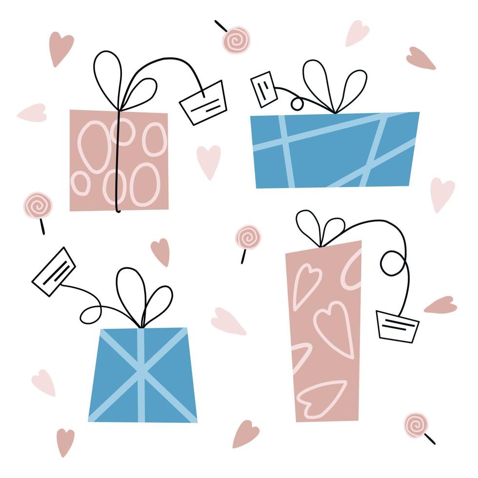 Valintine's day flat vector illustration of pink and blue wrapped gift boxes with ribbons, hearts and lollipops. Simple set of Febrary 14 design elements.