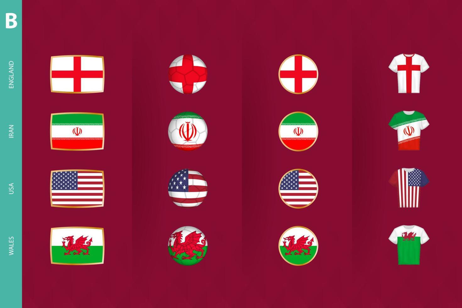 Collection of flags of Group B soccer tournament, a set of vector icons.