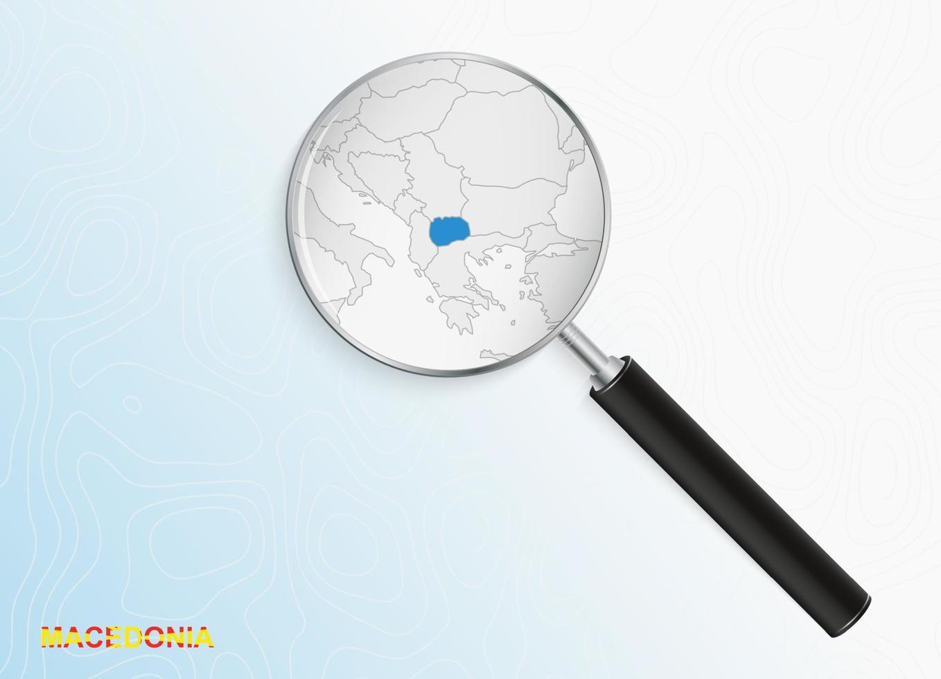 Magnifier with map of Macedonia on abstract topographic background. vector