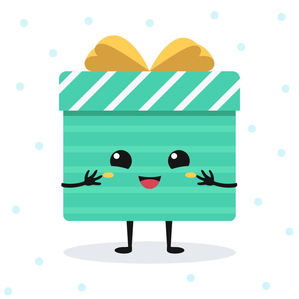 Vector cartoon happy gift box with a cute face. Isolated emotional flat character on white background with snowflakes.