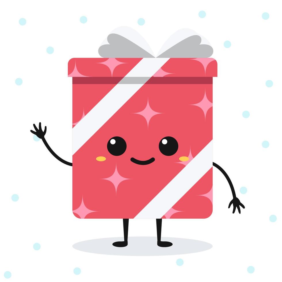 Vector cartoon happy gift box with cute face. Isolated emotional flat character on white background with snowflakes.