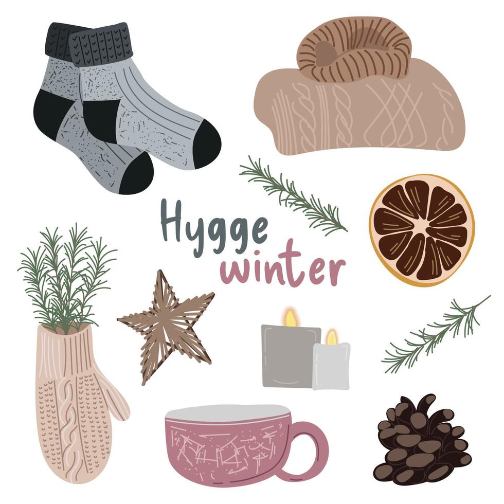 Scandinavian hygge set with warm, cozy winter elements isolated on white background. Christmas pine and plants, knitted sweater, mitten, scarf, socks. Wooden star from twigs and candles. vector