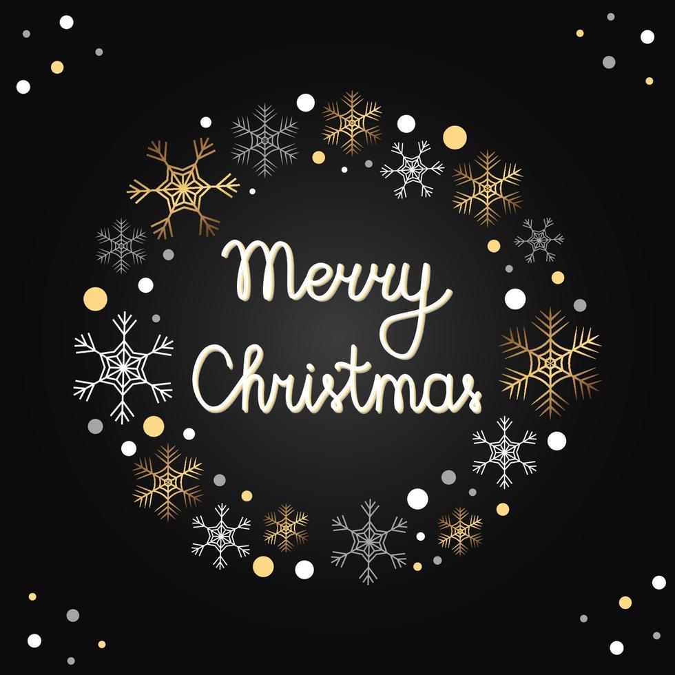Vector round frame with snowflakes and dots. Merry Christmas hand drawn letters in the wreath. Isolated golden and white snowflakes arranged in a circle.