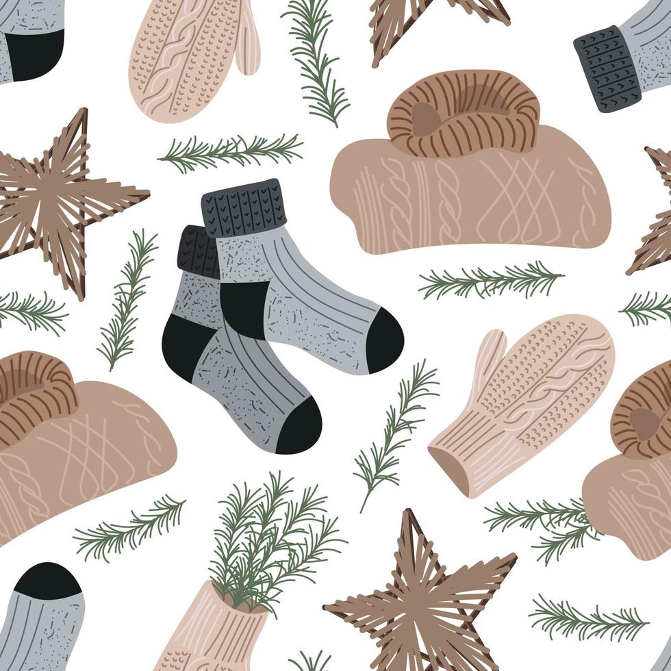 Winter seamless pattern with knitted jumpers, socks, fir tree twigs and mittens. Cute vector background . Repeating texture for New Year holidays. Christmas ornament.