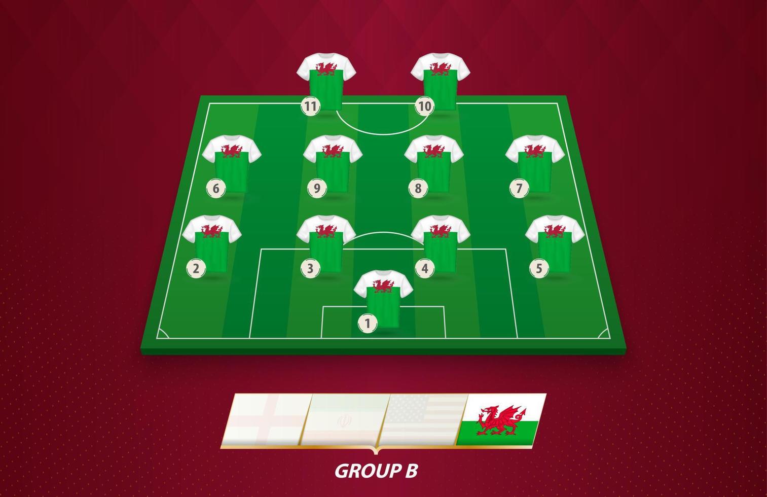 campo de fútbol con la alineación del equipo de Gales para la competición europea. vector