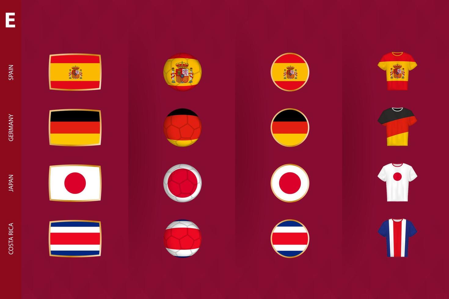 Collection of flags of Group E soccer tournament, a set of vector icons.