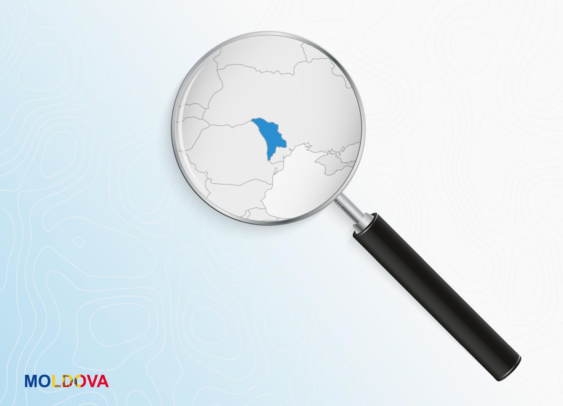 Magnifier with map of Moldova on abstract topographic background