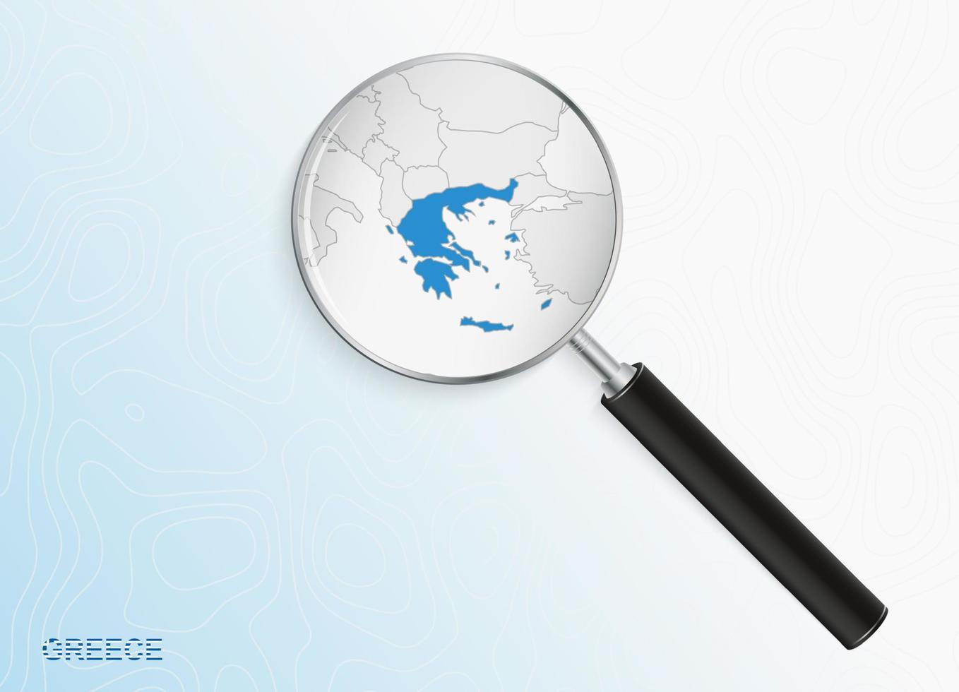 Magnifier with map of Greece on abstract topographic background. vector