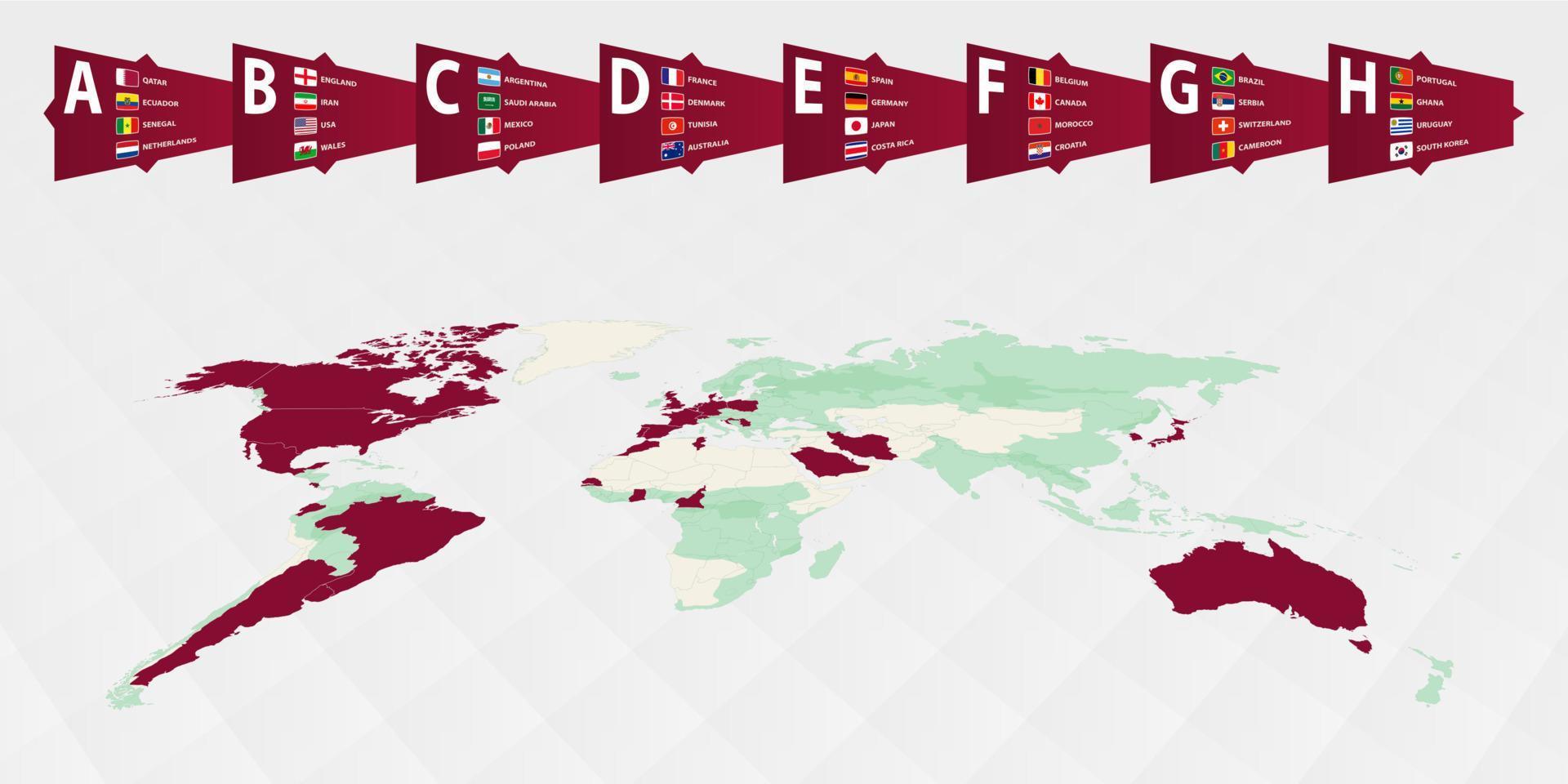 participantes de la competición de fútbol destacados en el mapa mundial. todo el grupo del torneo. vector