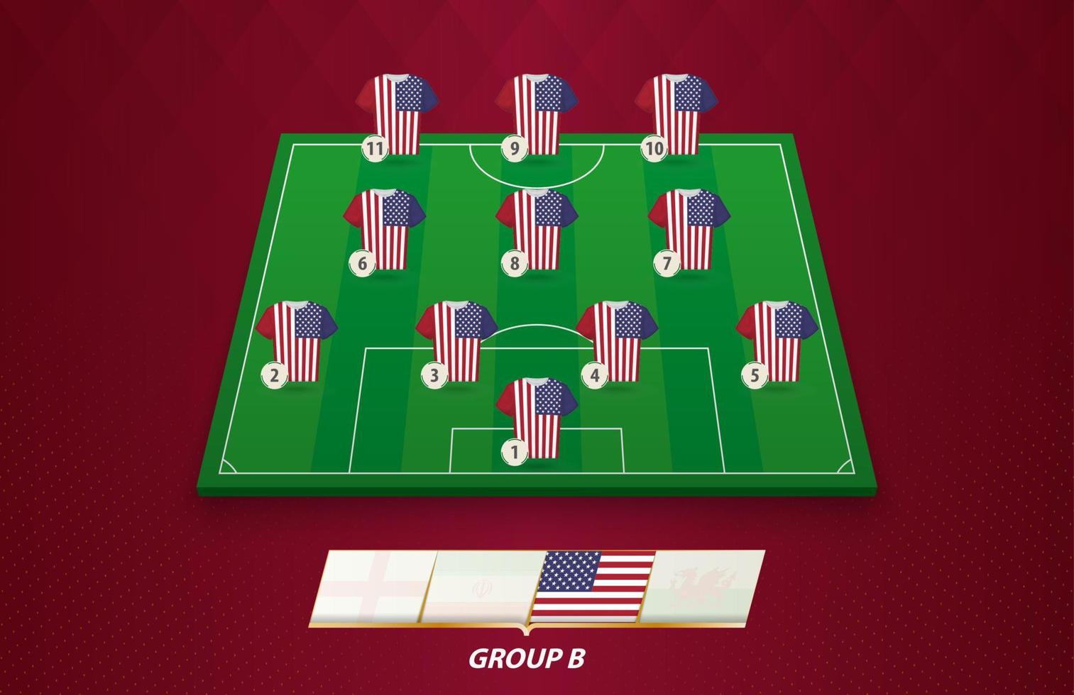 Football field with USA team lineup for European competition. vector