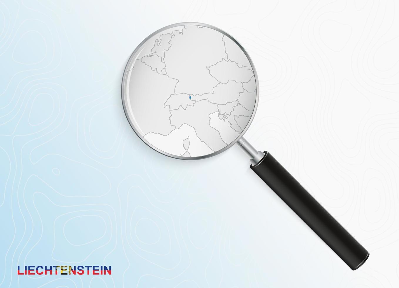 Magnifier with map of Liechtenstein on abstract topographic background. vector