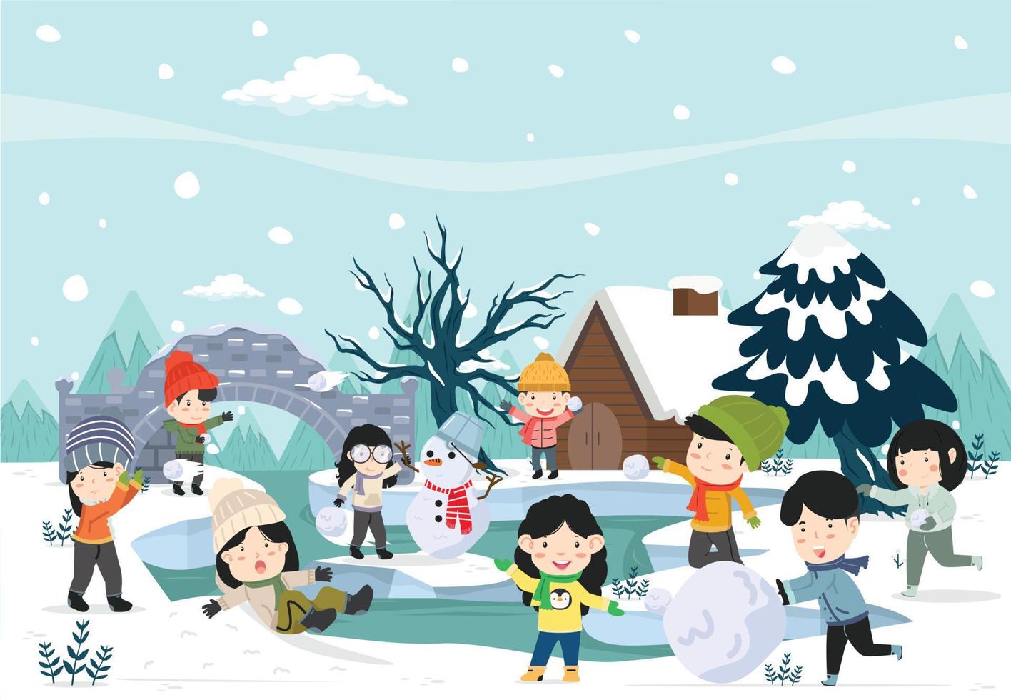 Winter Happy friends playing snowballs outdoors vector