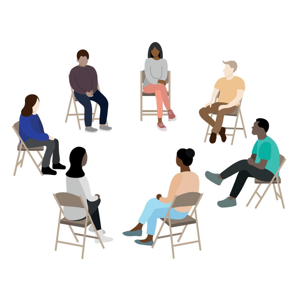 Group psychotherapy, men and women of different nationalities sit on chairs arranged in a circle, group psychotraining, flat vector, isolate on white vector