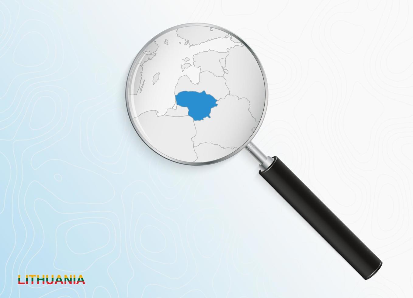 Magnifier with map of Lithuania on abstract topographic background. vector