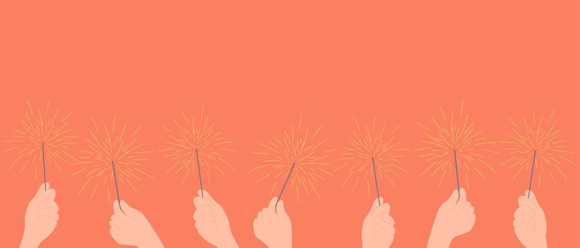 Festive Christmas sparklers decoration lighting element. Holiday background with more hands vector