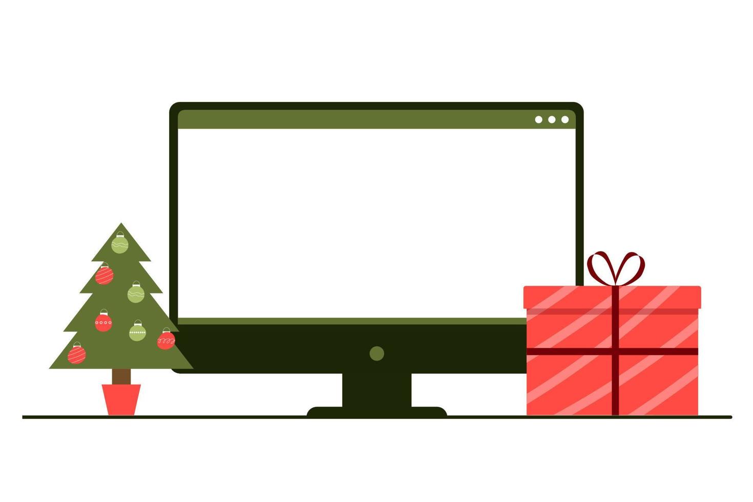 celebración en línea de la navidad - computadora portátil, árbol vector