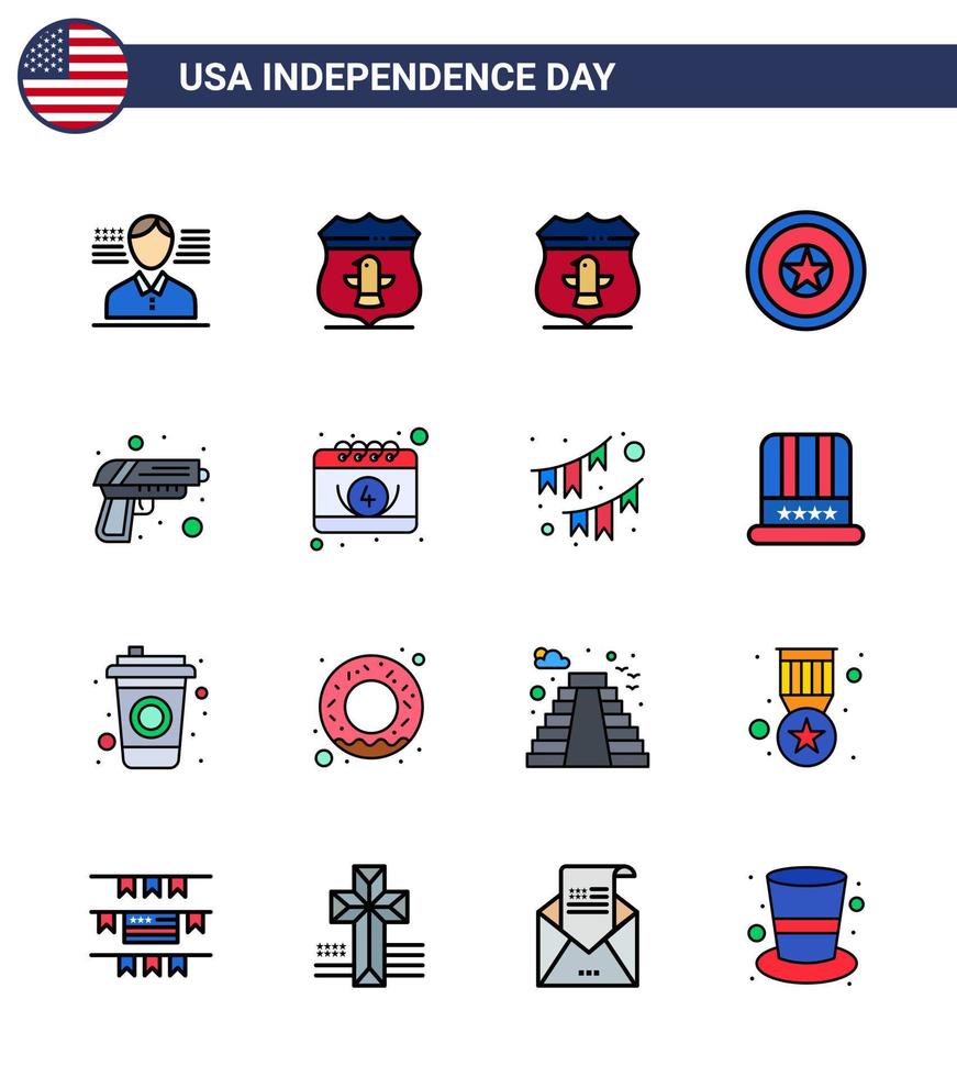 Pack of 16 USA Independence Day Celebration Flat Filled Lines Signs and 4th July Symbols such as date american independece weapon security Editable USA Day Vector Design Elements