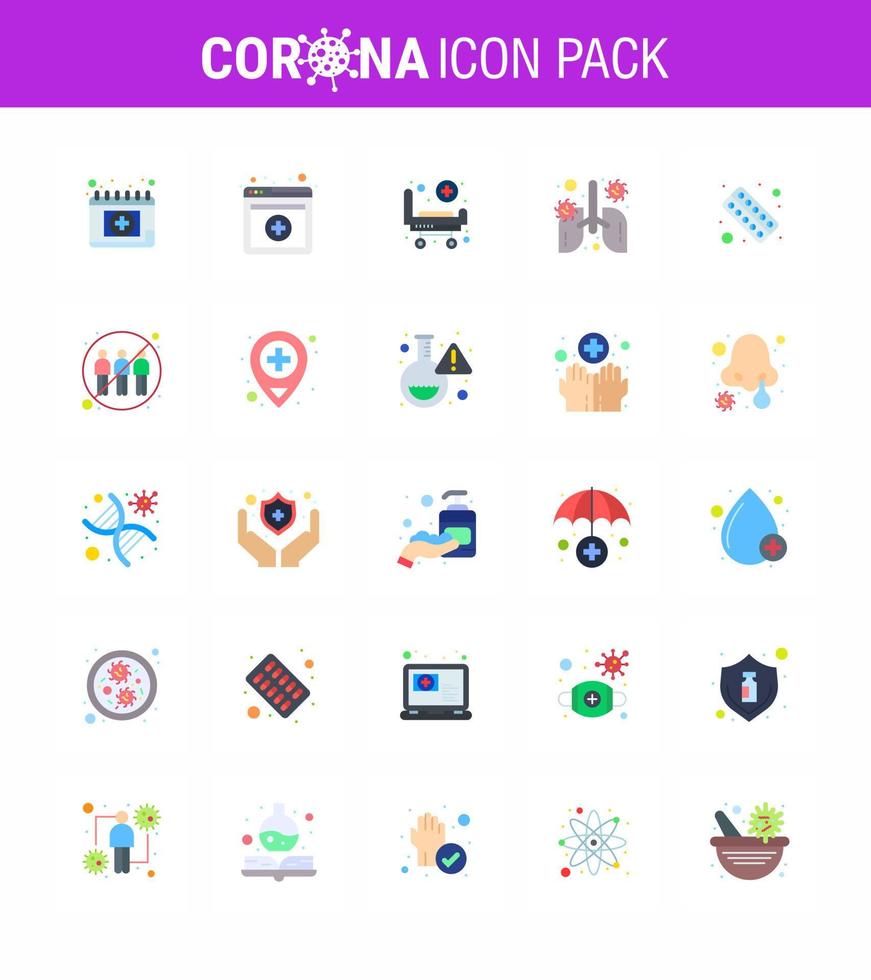 conjunto de iconos covid19 para el paquete infográfico de 25 colores planos, como la neumonía de fitness, el órgano de la cama, la respiración, el coronavirus viral 2019nov, los elementos de diseño del vector de la enfermedad