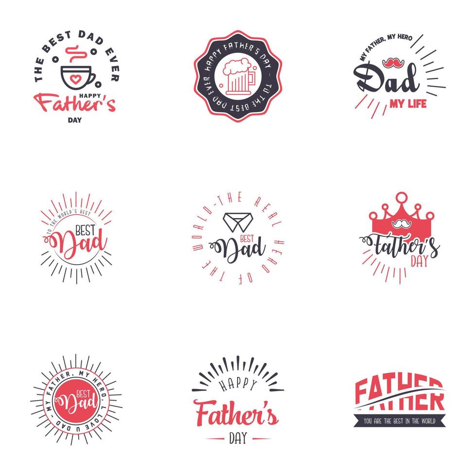 9 conjunto negro y rosa de vector feliz día del padre tipografía iconos vintage letras para tarjetas de felicitación pancartas diseño de camiseta elementos de diseño vectorial editables del día del padre