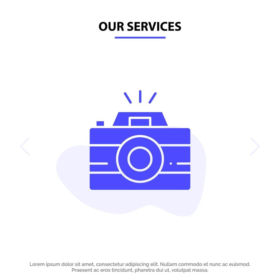 nuestros servicios imagen de cámara fotografía fotografía icono de glifo sólido plantilla de tarjeta web vector
