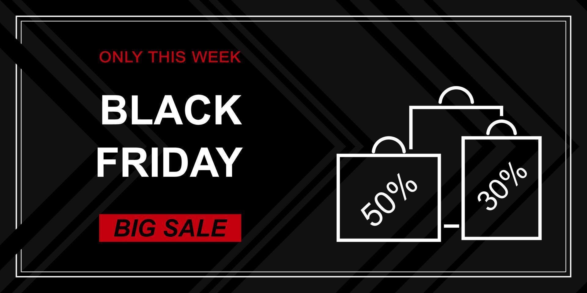 Black Friday sale vector banner. Dark background with gray triangles and white frame. Horizontal promo template.